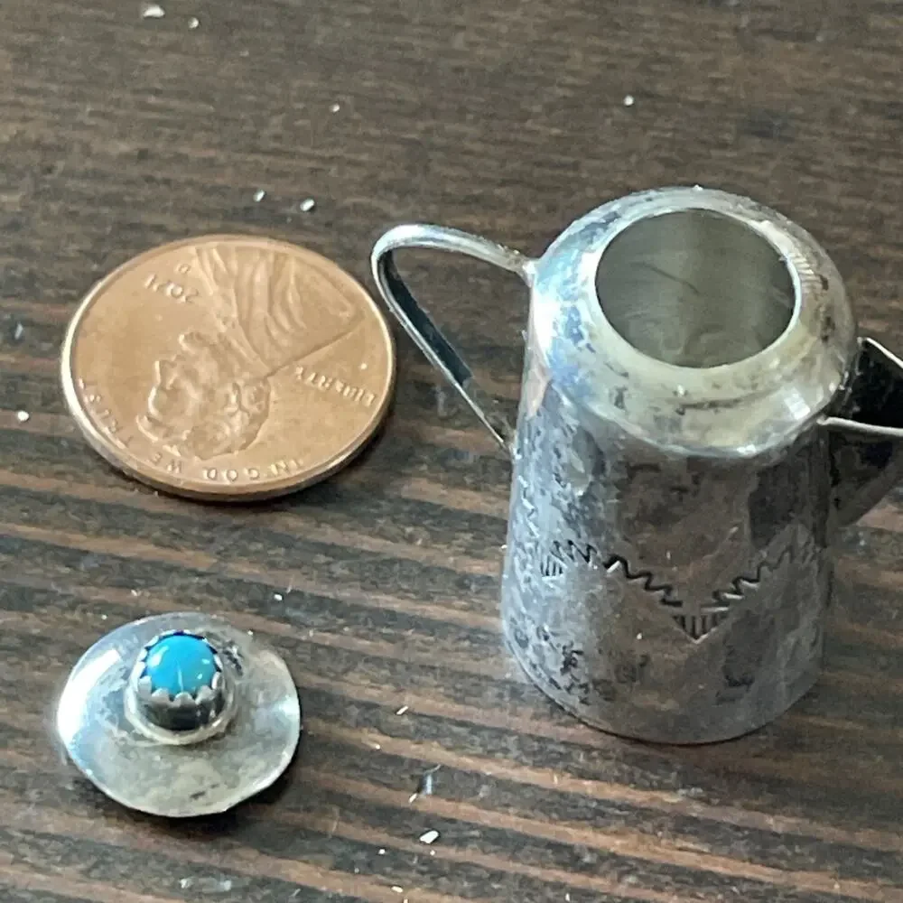 Miniature Turquoise Sterling Silver Water Kettle by Elizabeth Margret Whitman